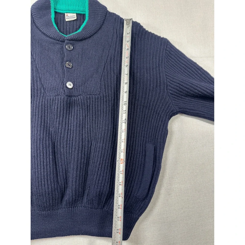 Vintage Elvstrom Italy Navy Blue‎ Wool Shawl Collar Sweater Green Trim medium